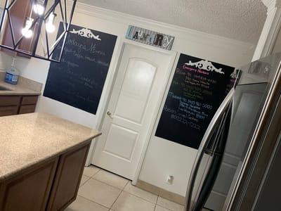 Interior kitchen area with chalkboard information