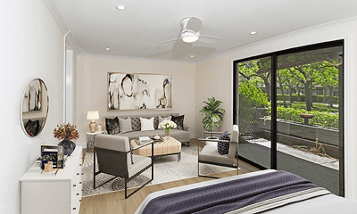 Bright, inviting interior room with outdoor view