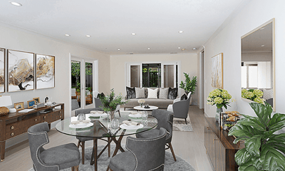 Bright common area with seating and decor
