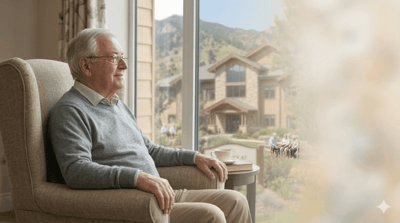 Elderly man sitting comfortably indoors with a view of the facility garden