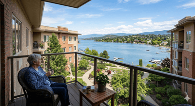 Resident enjoying a view from a balcony by the lake