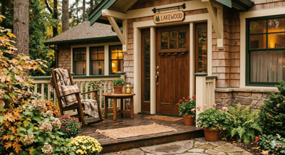 Charming entrance of a senior living facility surrounded by flowers