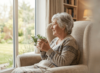 Senior woman enjoying tea in a cozy chair by the window