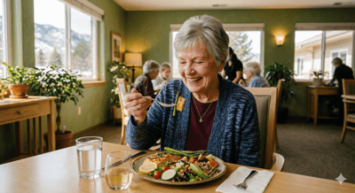 Resident enjoying meal in dining area