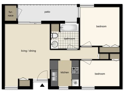 Architectural floor plan of a two-bedroom unit