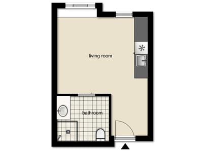 Architectural floor plan of a living room and bathroom