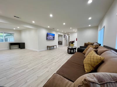 Bright, spacious lounge area with comfortable seating