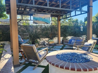 Outdoor seating area with a fire pit and chairs