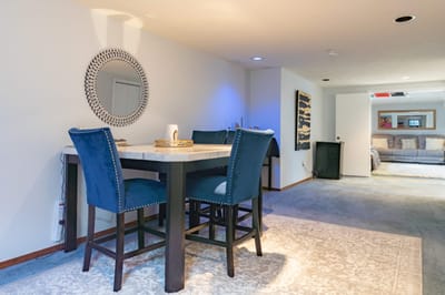 Interior view of a cozy seating area with a table