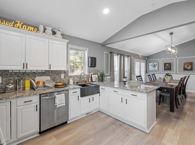 Modern kitchen area with dining space