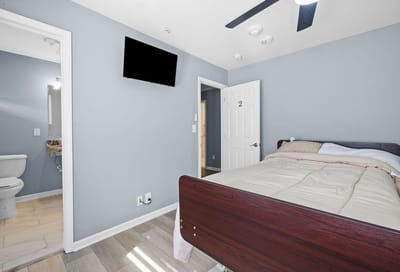 Private resident room with bed and TV.