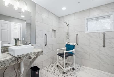 Accessible bathroom with safety features.