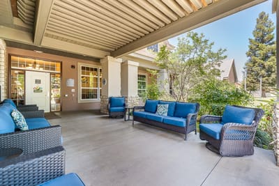 Outdoor seating area with blue chairs and greenery