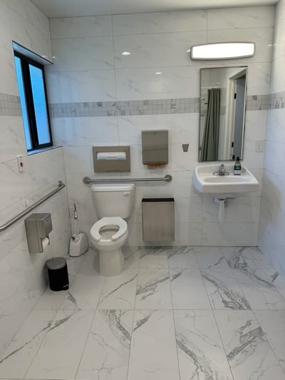 Modern assisted living bathroom with grab bars