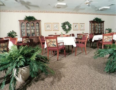 Dining area with tables and chairs in a cozy setting