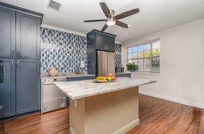 Modern kitchen interior with stylish decor and appliances