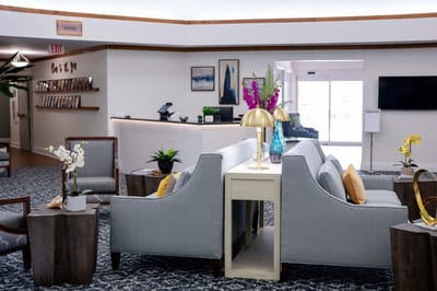 Interior view of a common area with seating and decor