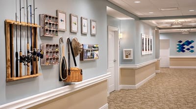 A decorated hallway in a senior living facility