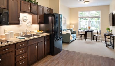 Bright and spacious kitchen area in a resident's suite