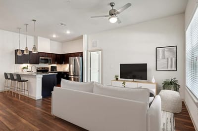 Modern living room interior with kitchen view