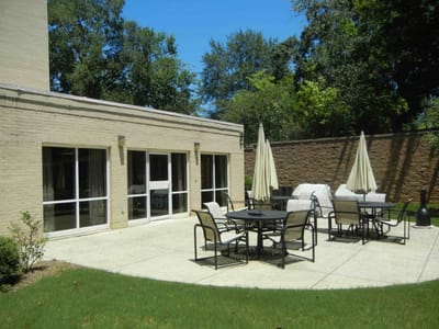 Outdoor seating area with umbrellas and tables