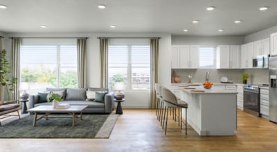 Modern interior of a living space with kitchen