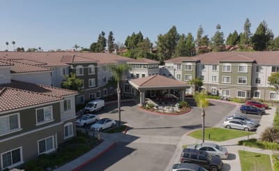 Aerial view of Hawthorn Court exterior and parking area.