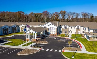 Aerial view of Hawthorn Court facility exterior.