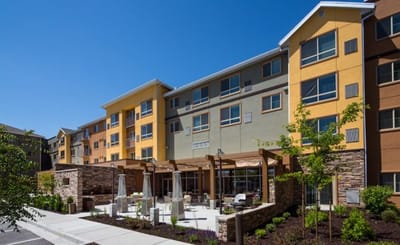 Exterior view of Hawthorn Court with outdoor seating