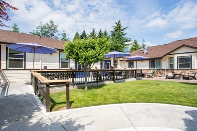 Outdoor area with seating and umbrellas