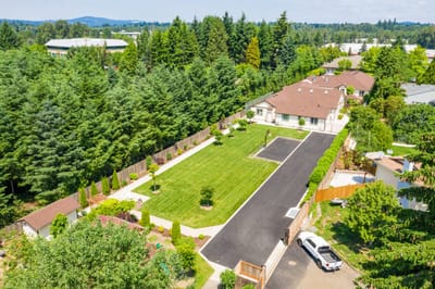 Aerial view of landscaped outdoor space at Mapleview Manor.
