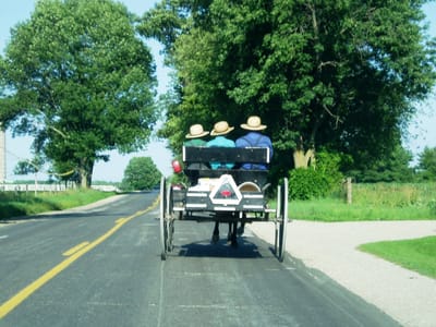 Horse-drawn carriage with three passengers on a road