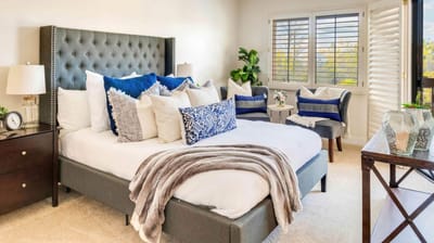 Elegant bedroom with cozy decor and natural light.