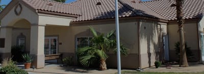 Exterior view of Hadley Villas with palm trees.