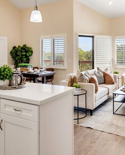 Modern living room with a view and stylish decor.