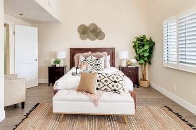 Bright and inviting bedroom with stylish decor.
