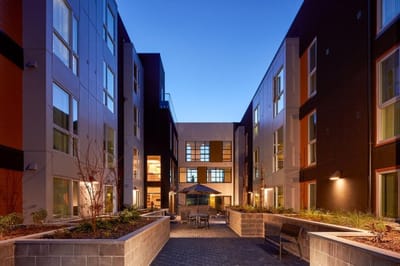 Outdoor space between modern building architecture.