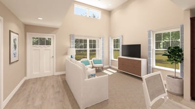 Bright and spacious common area with furniture.
