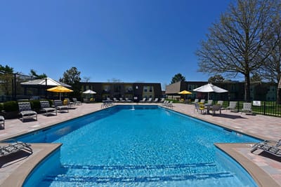 Outdoor swimming pool area with lounge chairs and umbrellas