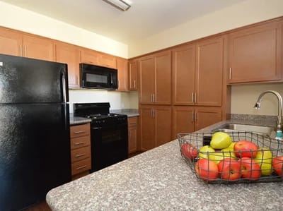 Kitchen with modern appliances and fresh produce