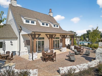 Exterior view of a patio area with seating