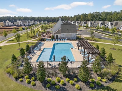 Aerial view of an outdoor pool area in the facility