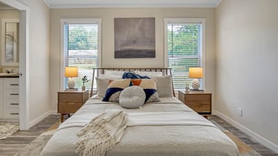 Cozy bedroom with warm lighting and decor