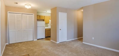 Interior view of a resident room with kitchen