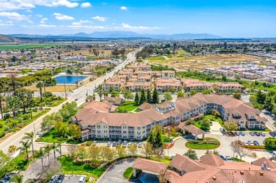 Aerial view of The Orchards senior living facility and surrounding area