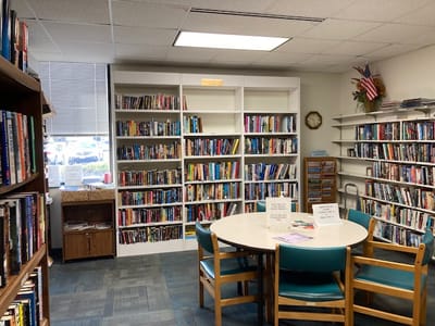 Interior view of a library area with bookshelves