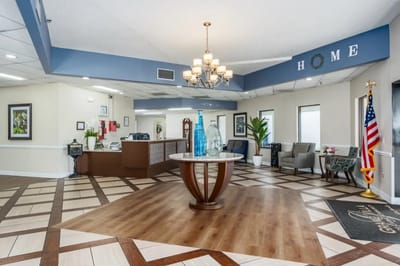 Bright interior lobby of a senior living facility