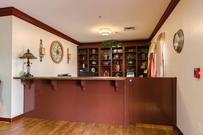 Interior view of the reception area with wooden accents