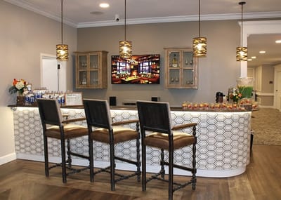 Interior of a bar area with seating and decor