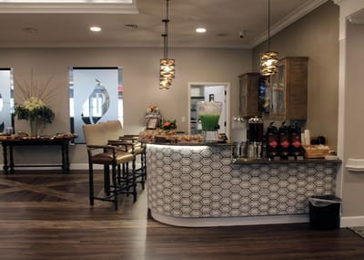 Bright dining area with snack and beverage station